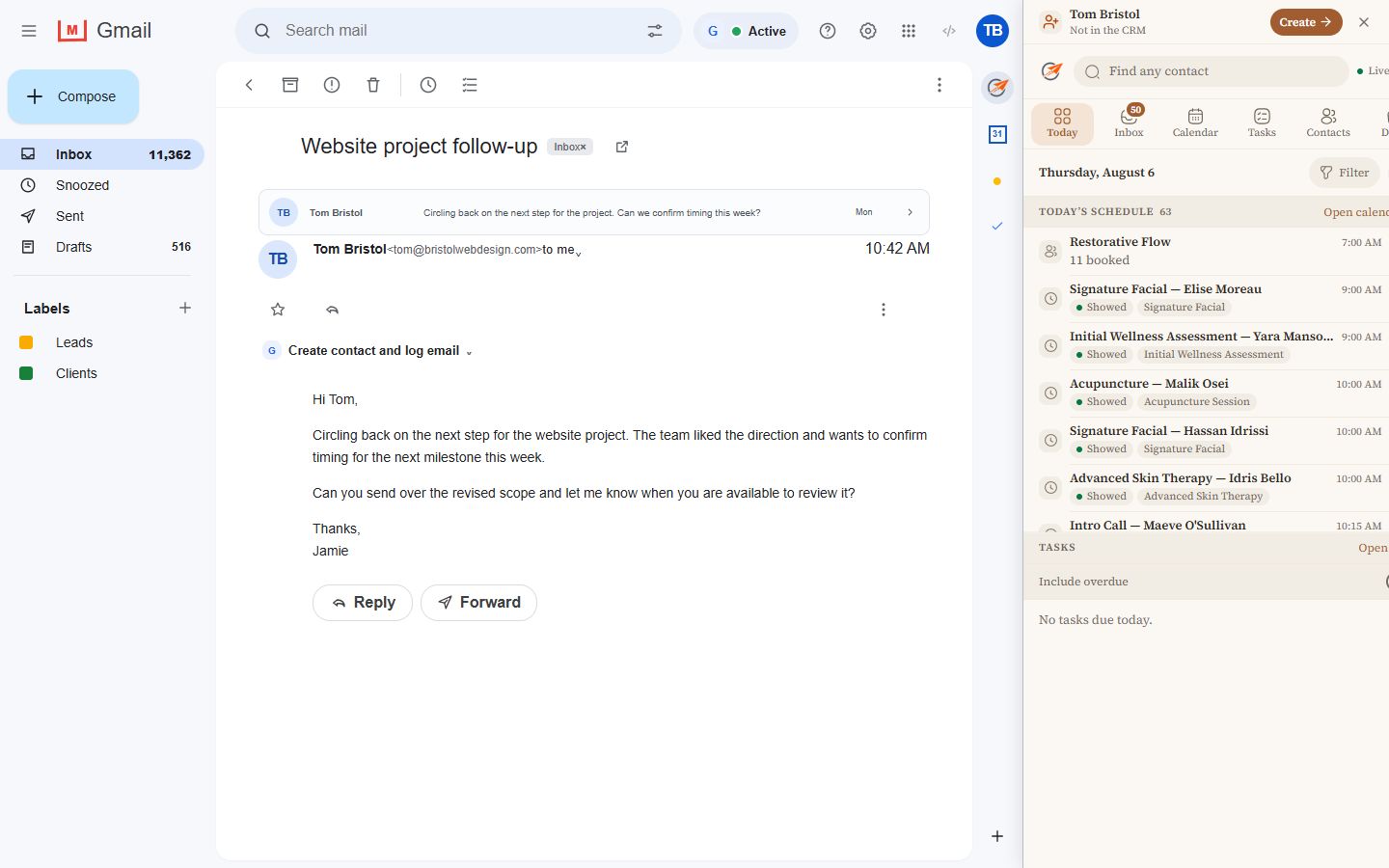 CRM Sidebar showing appointments and open tasks alongside Gmail