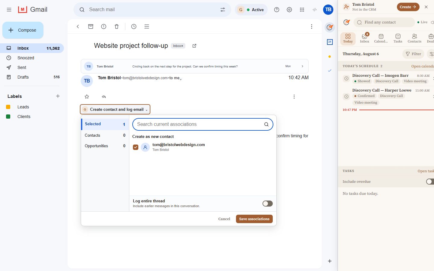 Gmail Send to CRM action with a dialog to select a contact or opportunity