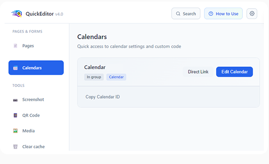 Calendars panel with direct links to calendar settings
