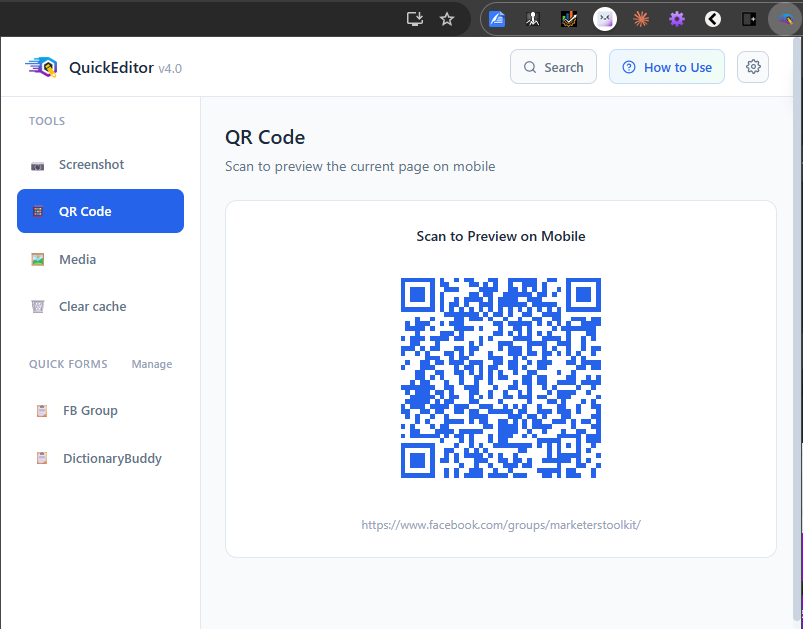 QR code panel for previewing the current page on mobile