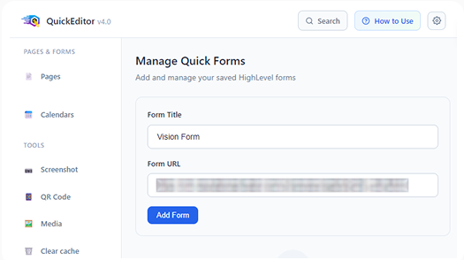 Quick Forms panel for pinning HighLevel forms and apps