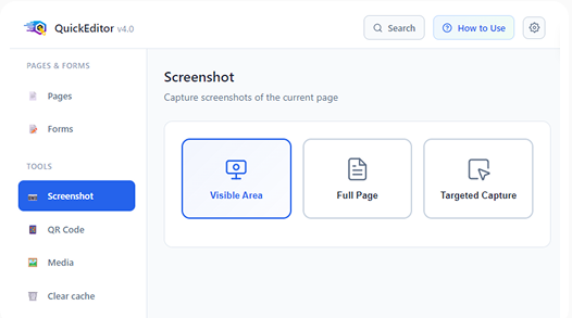 Screenshot panel offering visible area, full page and targeted capture